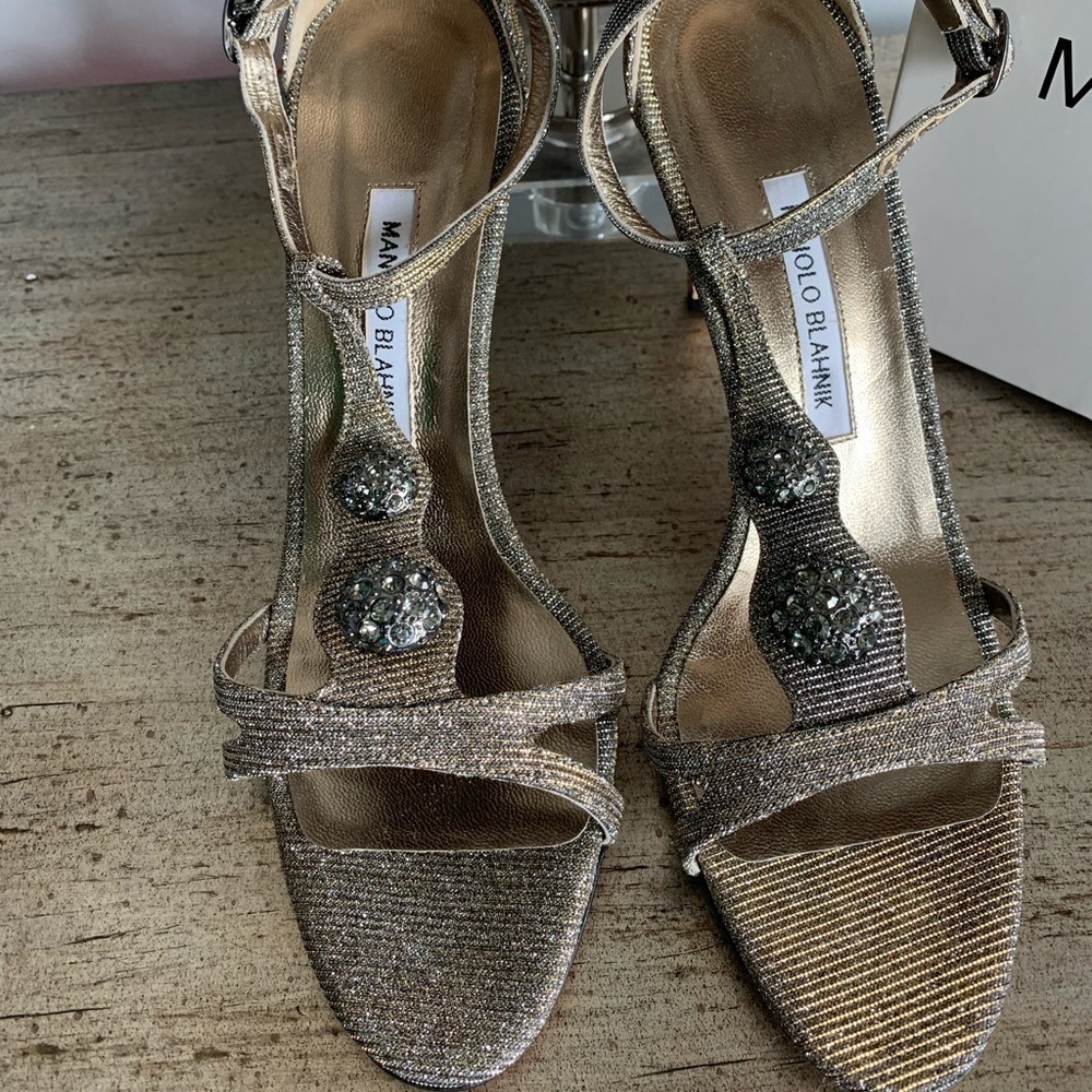 Manolo Blahnik Dixie Metallic T-strap Sandals